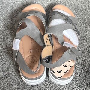 Women's Sandals by Mysoft! Taupe/Gray, Faux Suede & Leather. Size 9.5